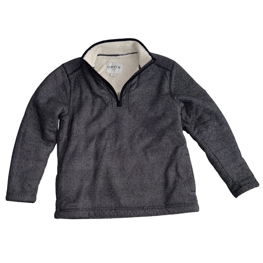 Orvis Mens Sherpa Lined Quarter Zip Pullover Gray Textured Knit Sweater Medium
